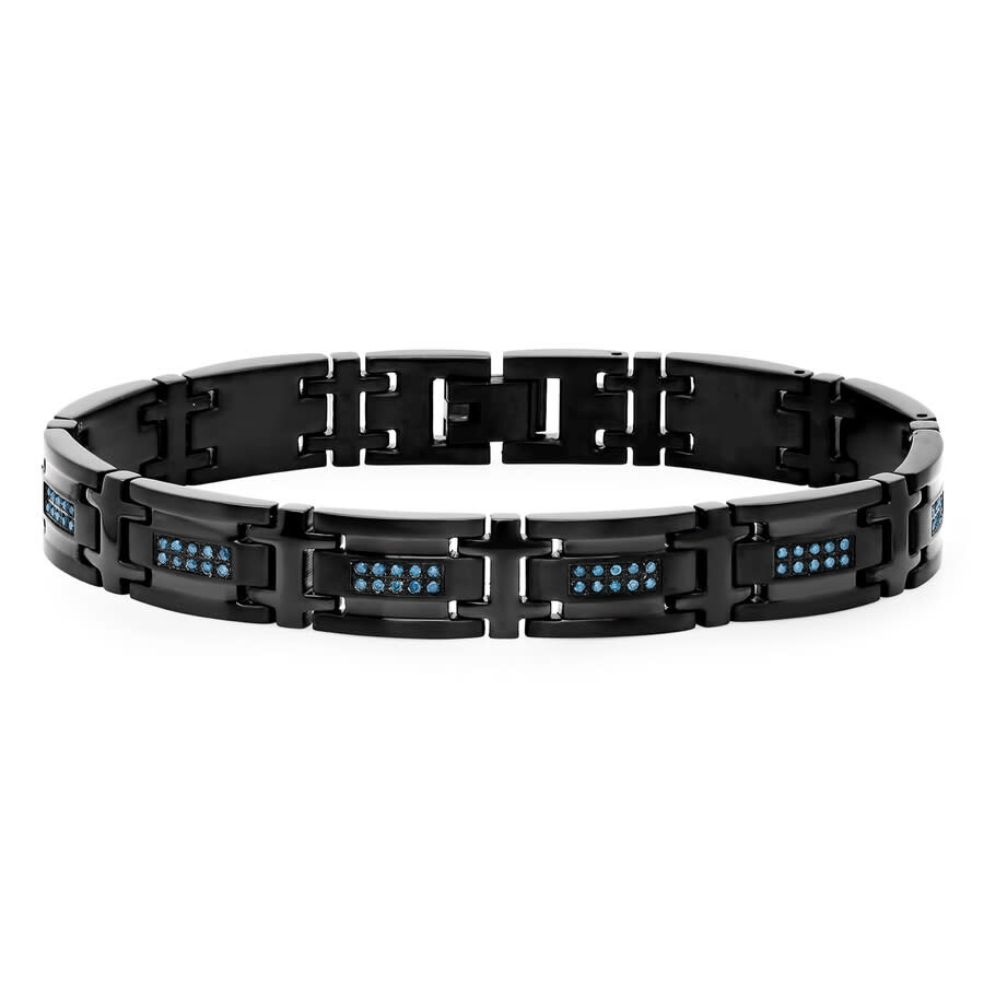 Robert Alton 1/2ctw Blue Diamond Stainless Steel Double Row With Black Finish Men's Link Bracelet In Black