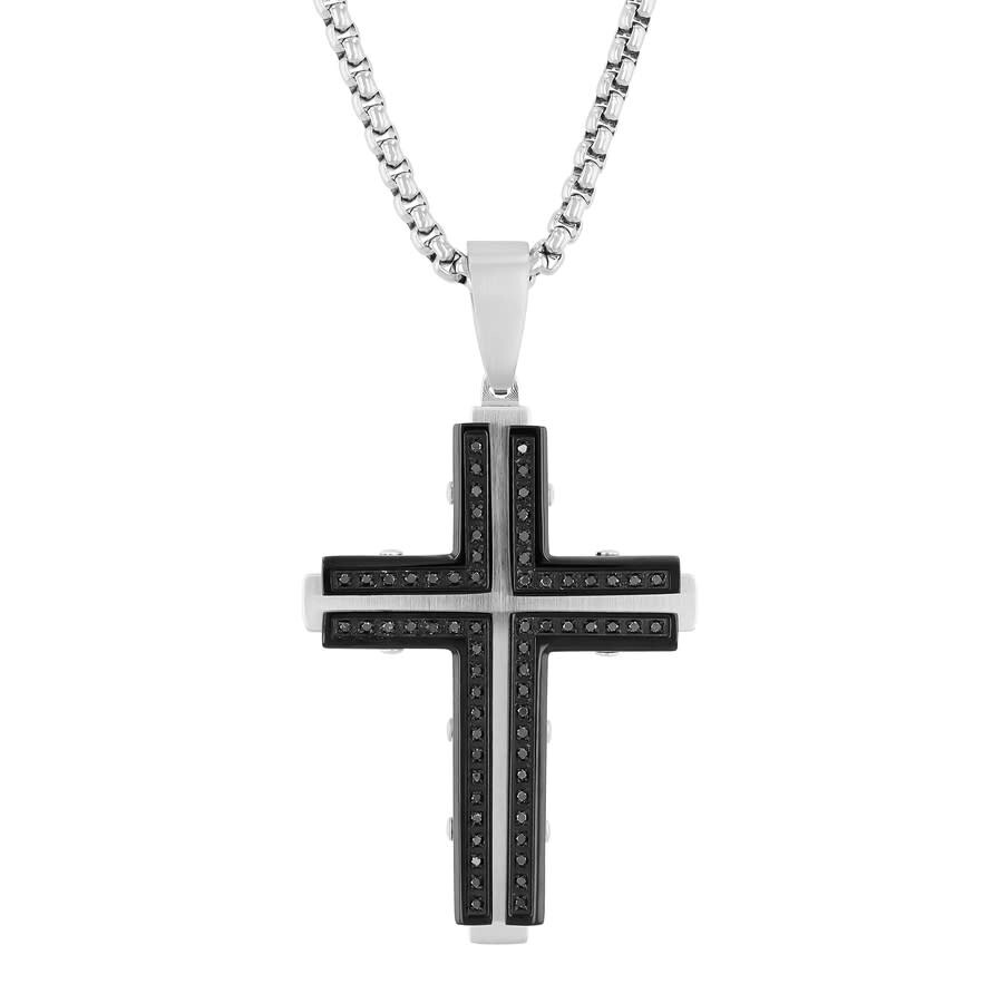 Shop Robert Alton 1/3ctw Black Diamond Stainless Steel With Black & White Finish Cross Pendant In Two-tone