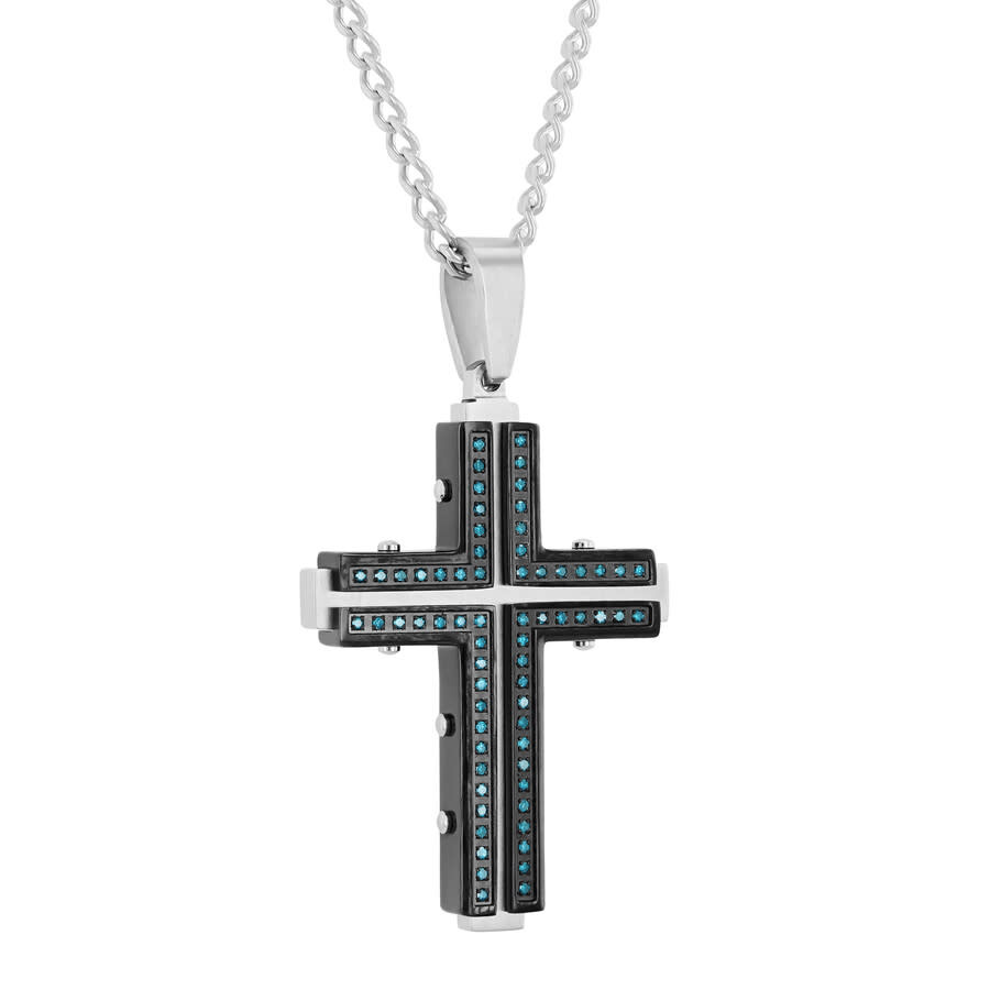 Robert Alton 1/3ctw Blue Diamond Stainless Steel With Black & White Finish Cross Pendant In Tri-color