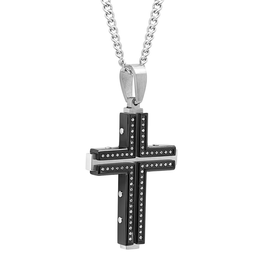 Robert Alton 1/3ctw Diamond Stainless Steel With Black & White Finish Cross Pendant In Two-tone