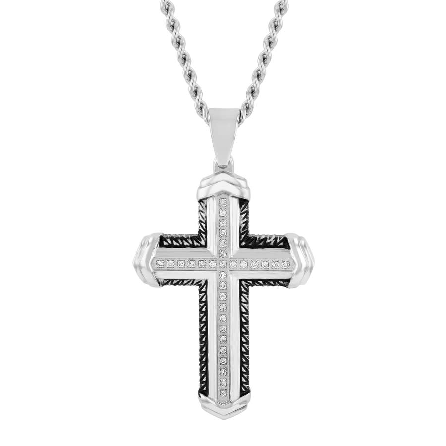 Robert Alton 1/4 Ctw Black And White Stainless Steel Men's Diamond Cross Necklace In Silver Tone
