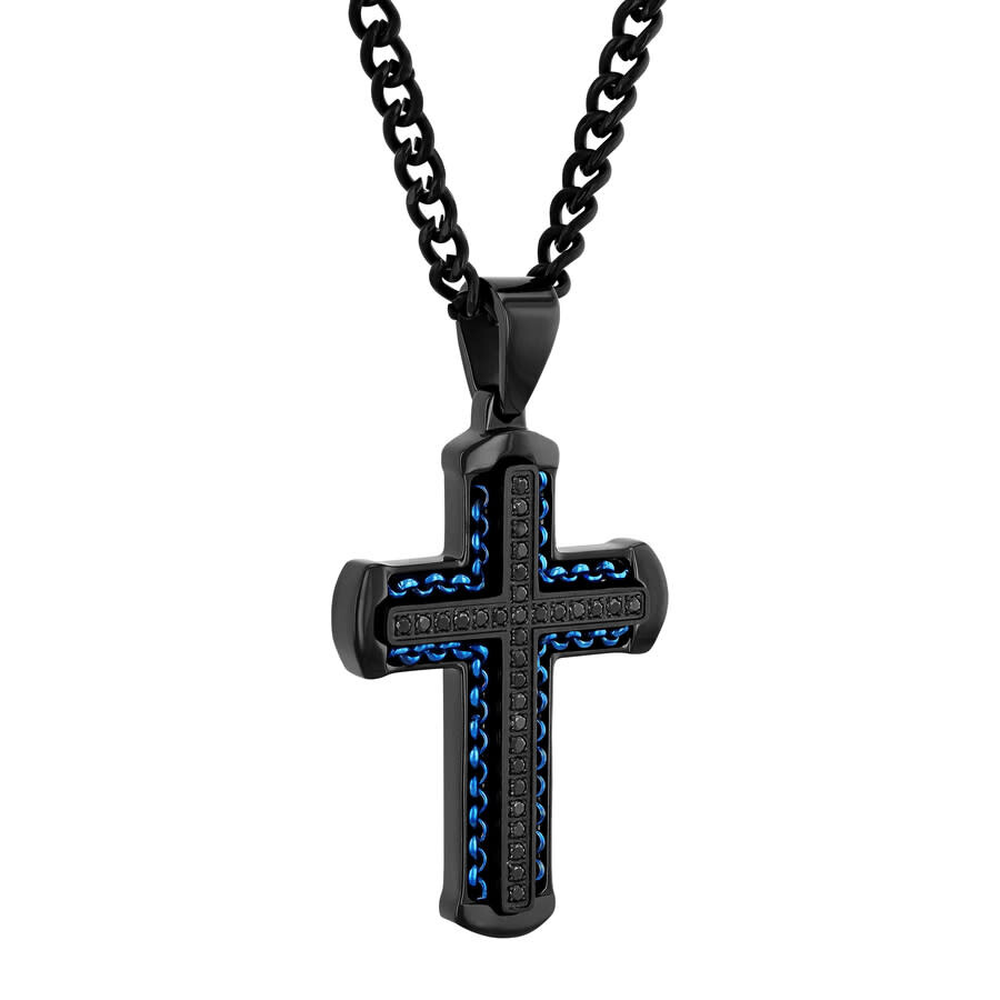 Robert Alton 1/4ctw Black Diamond Stainless Steel With Black & Blue Finish Cross Pendant In Two-tone