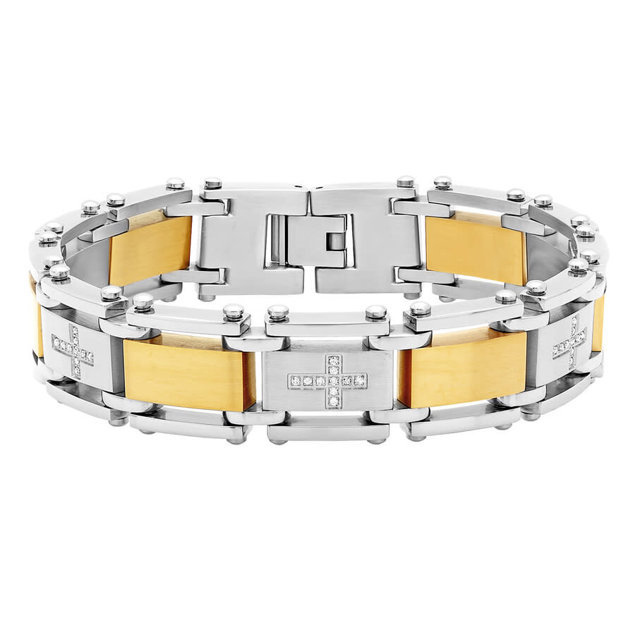 Robert Alton 1/4ctw Diamond Stainless Steel With Yellow Finish Men's Cross Link Bracelet In Two-tone