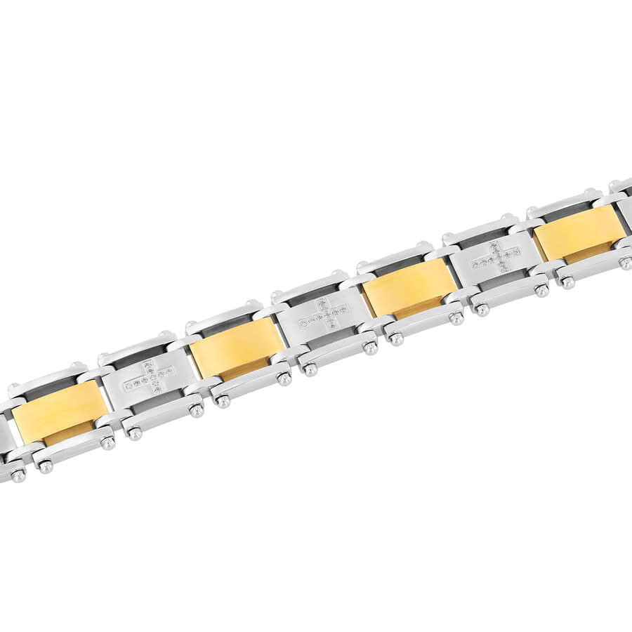 Robert Alton 1/4ctw Diamond Stainless Steel With Yellow Finish Men's Cross Link Bracelet In Two-tone