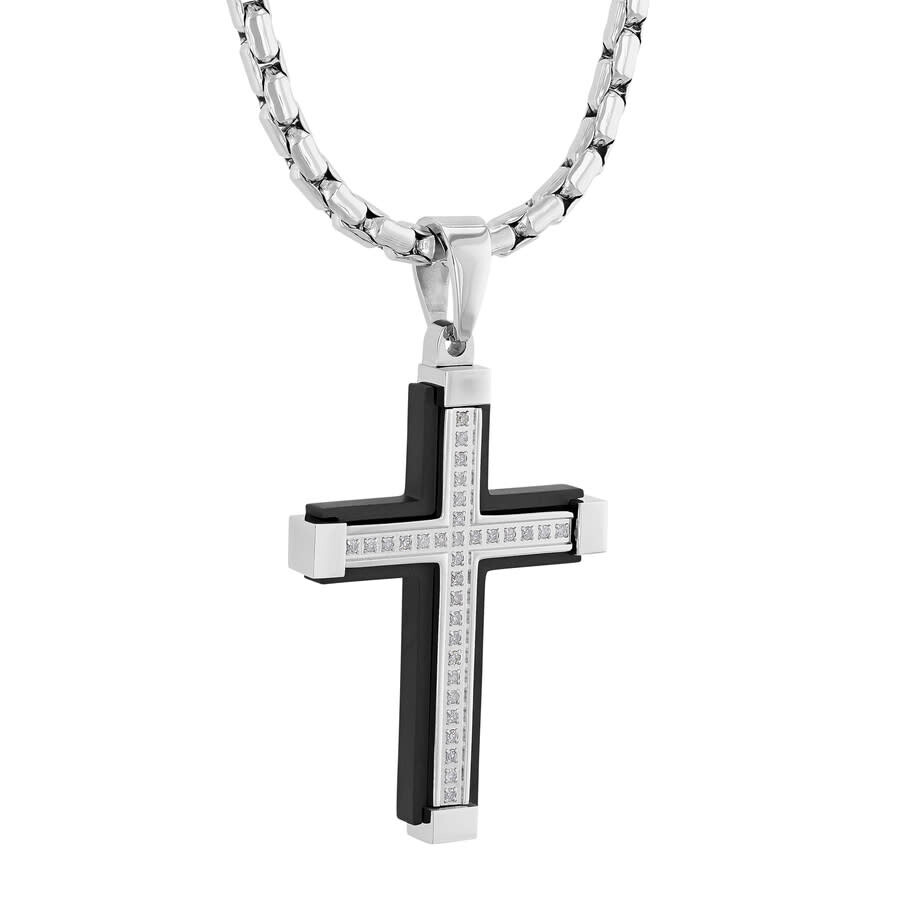 ROBERT ALTON ROBERT ALTON 1/6CTW DIAMOND STAINLESS STEEL WITH BLACK & WHITE FINISH CROSS PENDANT