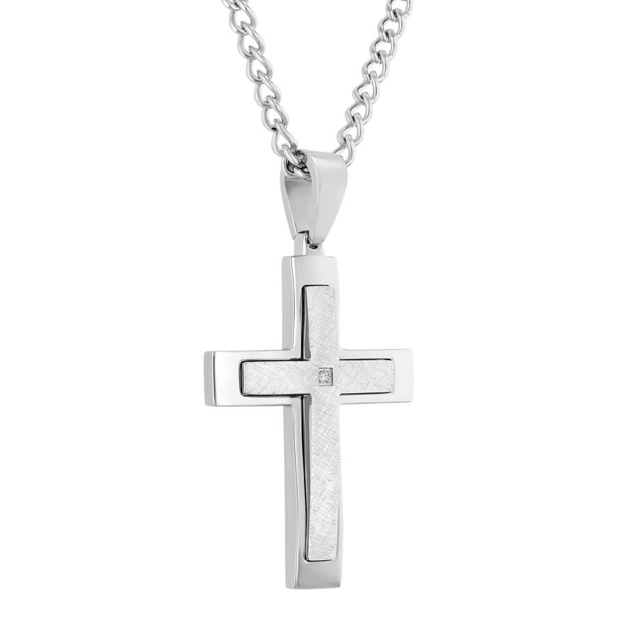 Robert Alton Diamond Accent Stainless Steel Frozen Finish Stacked Cross Pendant In White