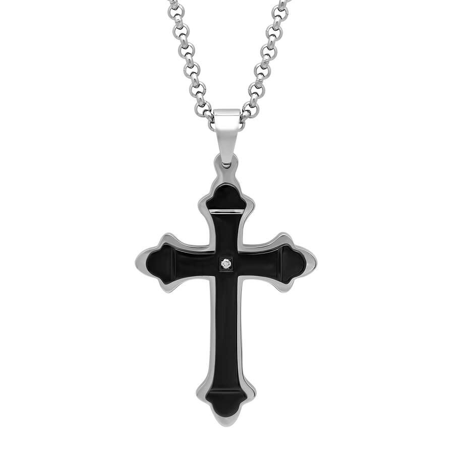 Robert Alton Diamond Accent Stainless Steel With Black & White Finish Stacked Cross Pendant In Black