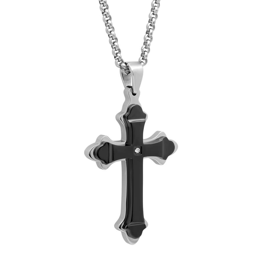 Robert Alton Diamond Accent Stainless Steel With Black & White Finish Stacked Cross Pendant In Black