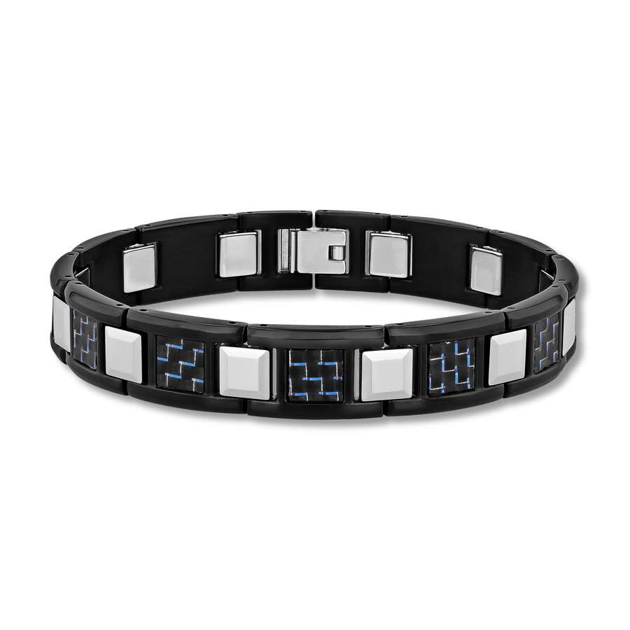 Shop Robert Alton Stainless Steel & Tungsten Black Finish Carbon Fiber Mens Link Bracelet In Tri-color