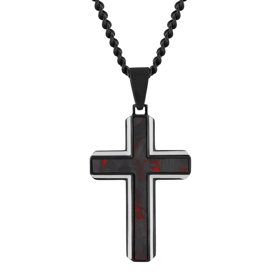 Robert Alton Stainless Steel With Red Forged Carbon Fiber Cross Pendant In Two Tone