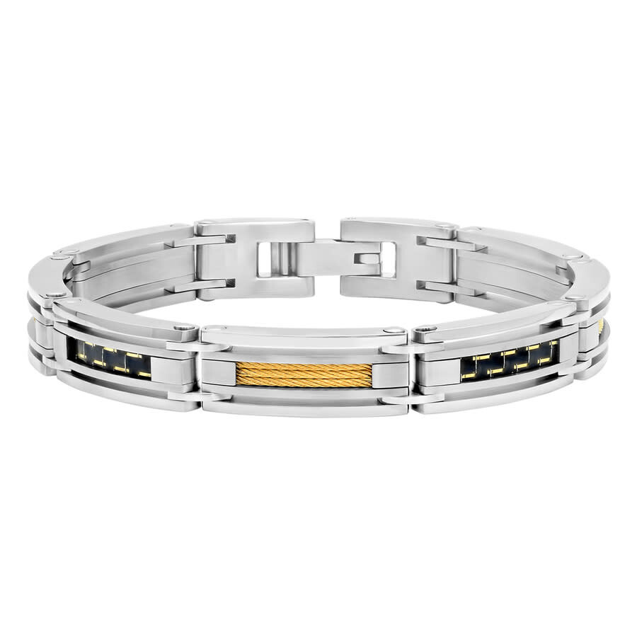Robert Alton Stainless Steel With Yellow Finish Carbon Fiber & Cable Men's Bracelet In Tri-color