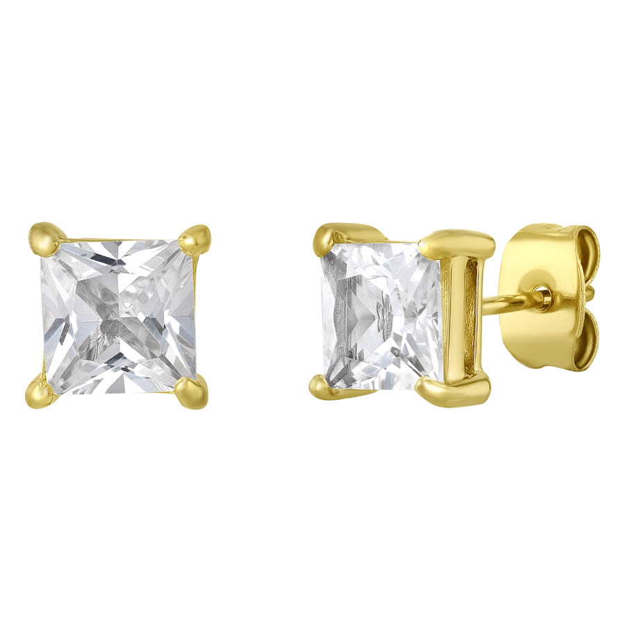 Robert Alton Stainless Steel With Yellow Finish Square Created White Sapphire Stud Earrings In Gold Tone