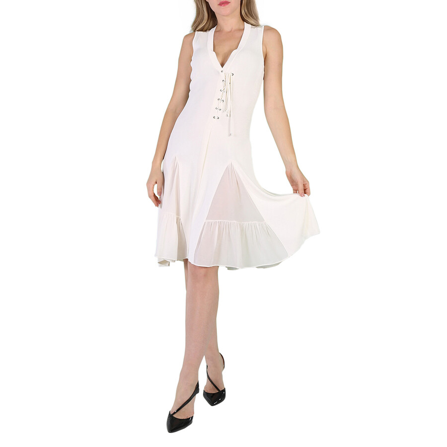 Ladies Natural White Viscose And Silk V-Neck Dress