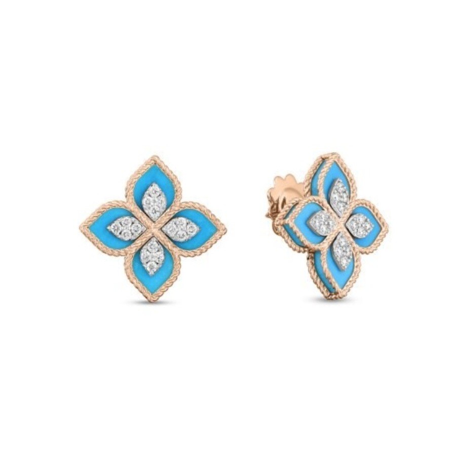 Roberto Coin 18k Rose / White Gold Venetian Princess Diamond & Turquoise Flower Stud Earrings - 8882 In Blue