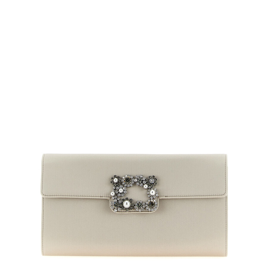 Roger Vivier Blossom Clutch With Chain Strap And Embellished Buckle In Gray