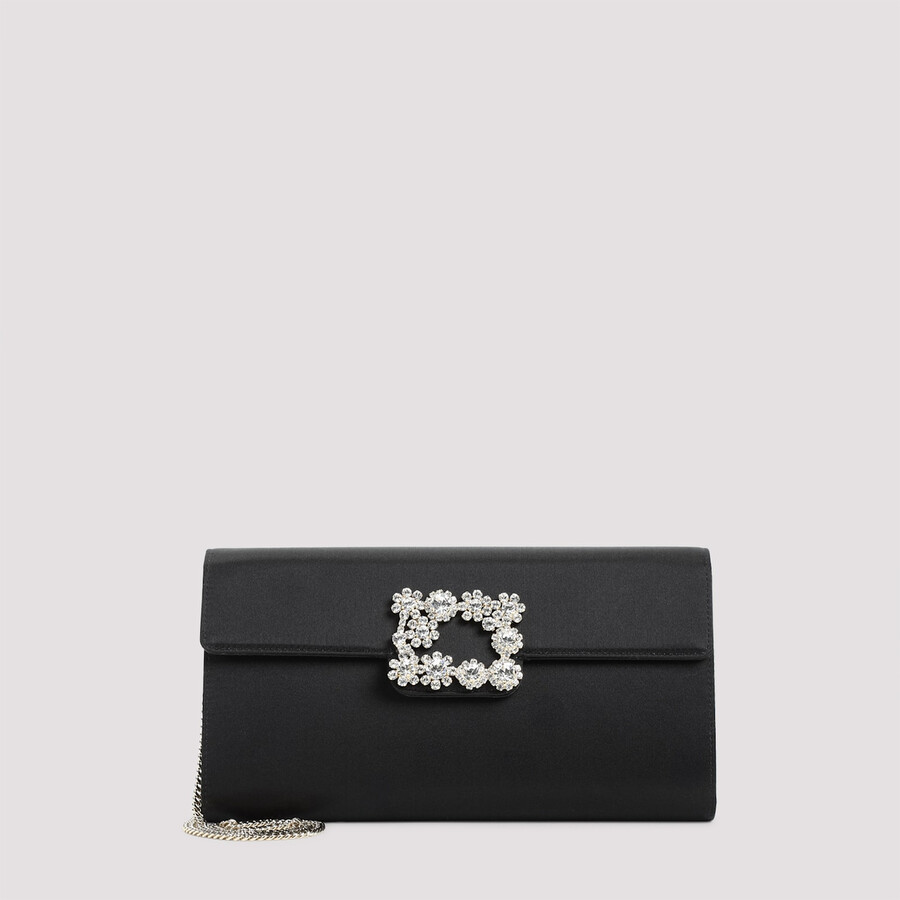 Roger Vivier Satin Efflorescence Envelope Clutch Bag In Black