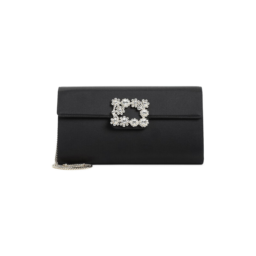 Roger Vivier Satin Efflorescence Envelope Clutch Bag In Black