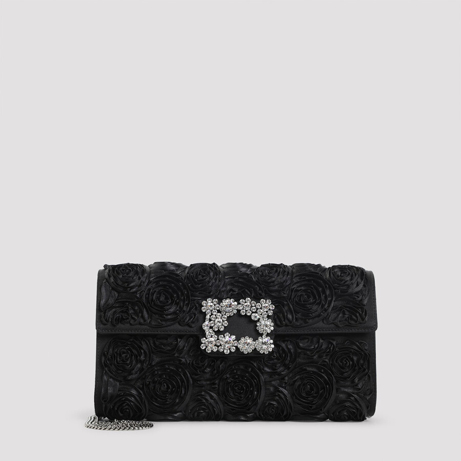 Roger Vivier Envelope Flap Rose Flower Buckle Shoulder Bag In Black