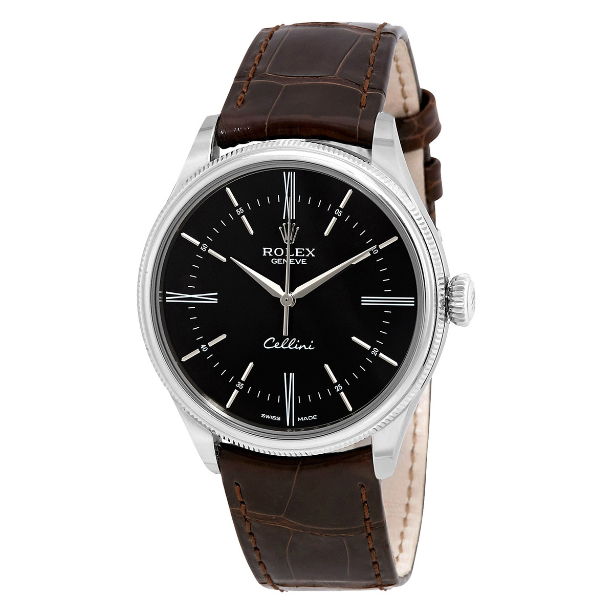 Rolex Cellini Automatic Black Dial Brown Leather Men's Watch 50509BRSL