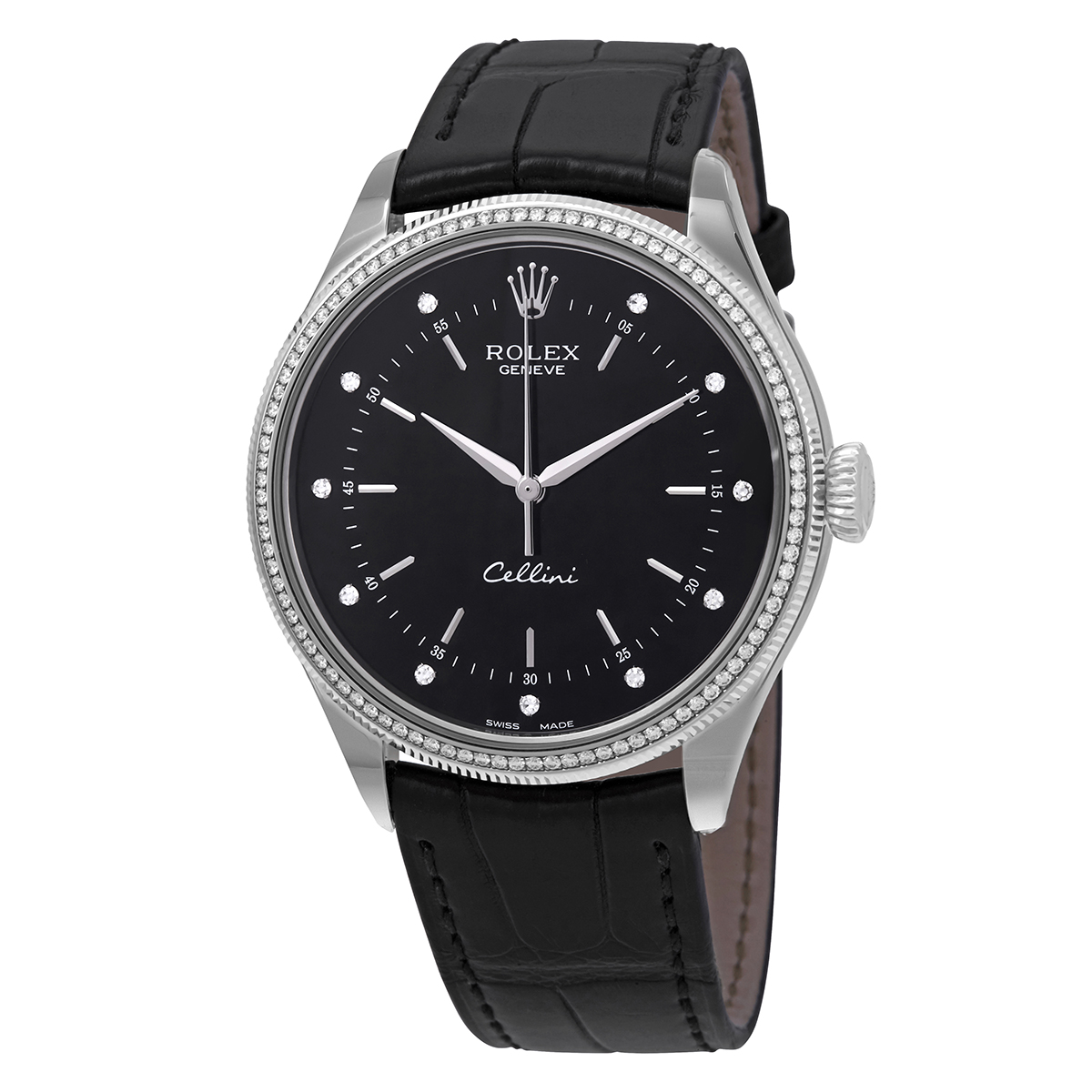 Rolex Cellini Time Black Diamond Dial Automatic Men's Leather Watch 50609BKDL