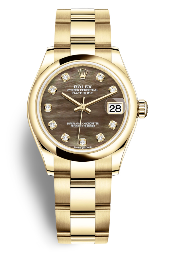 Datejust 31 Black Mother of Pearl Diamond Ladies 18kt Yellow Gold Oyster Watch