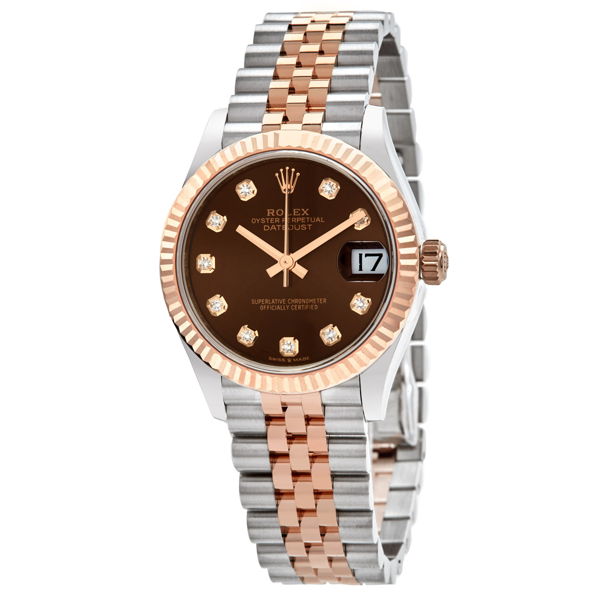 Datejust 31 Chocolate Diamond Dial Automatic Ladies Steel and 18kt Everose Gold Jubilee Watch