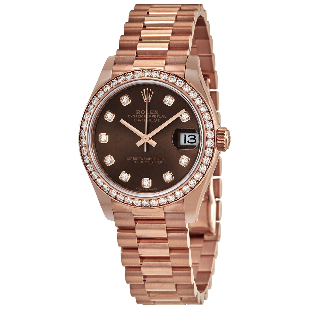 Datejust 31 Chocolate Diamond Dial Ladies 18 ct Everose Gold President Watch 278285CHDP