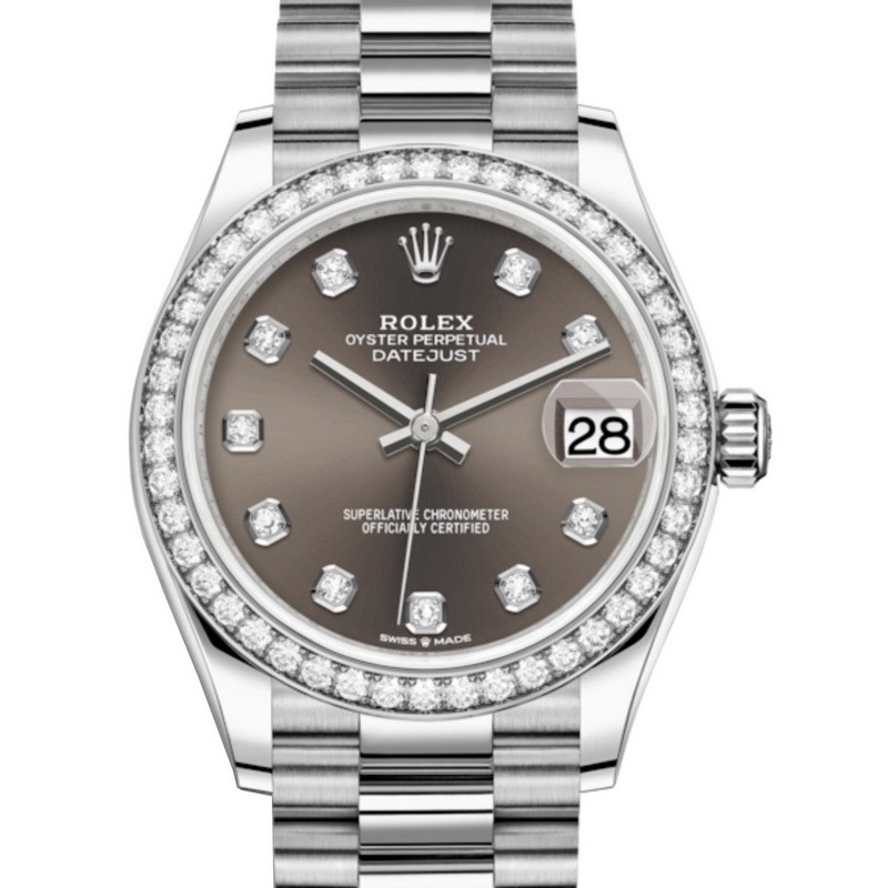 Datejust 31 Dark Grey Diamond Dial Ladies 18kt White Gold President Watch