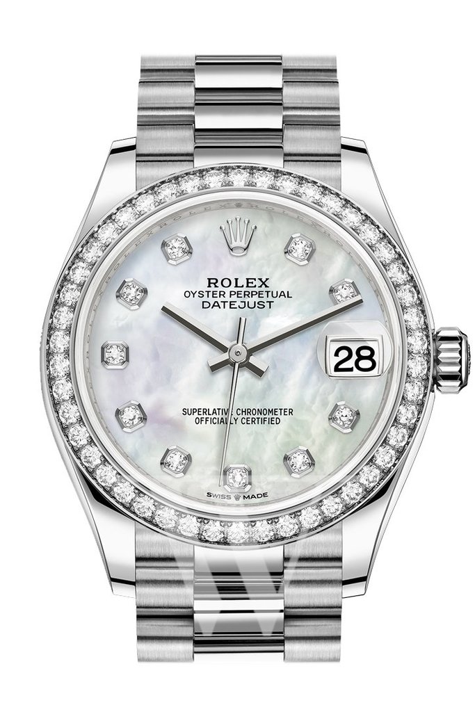 Datejust 31 Mother of Pearl Diamond Dial Ladies 18kt White Gold President Watch