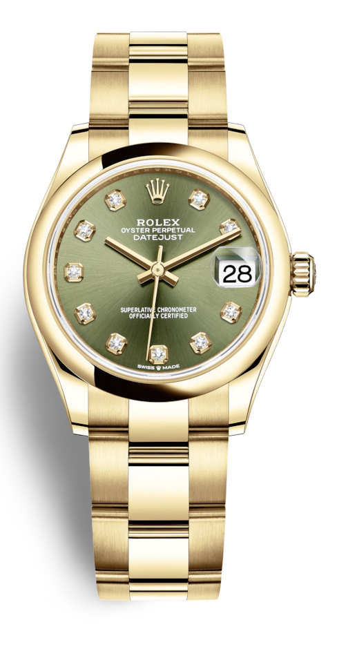 Datejust 31 Olive Green Diamond Dial Automatic Ladies 18kt Yellow Gold Oyster Watch