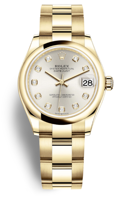 Datejust 31 Silver Diamond Dial Automatic Ladies 18kt Yellow Gold Oyster Watch