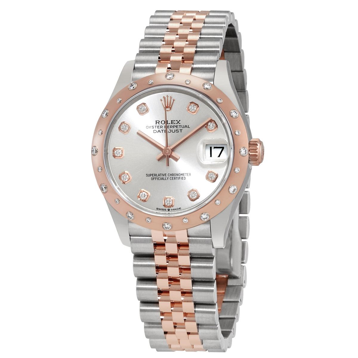 Datejust 31 Silver Diamond Dial Ladies Steel and 18kt Everose Gold Jubilee Watch