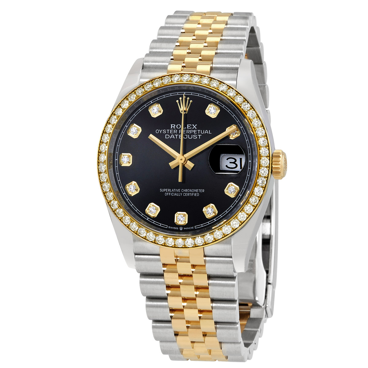 Datejust 36 Black Diamond Dial Men's Steel and 18kt Yellow Gold Jubilee Watch
