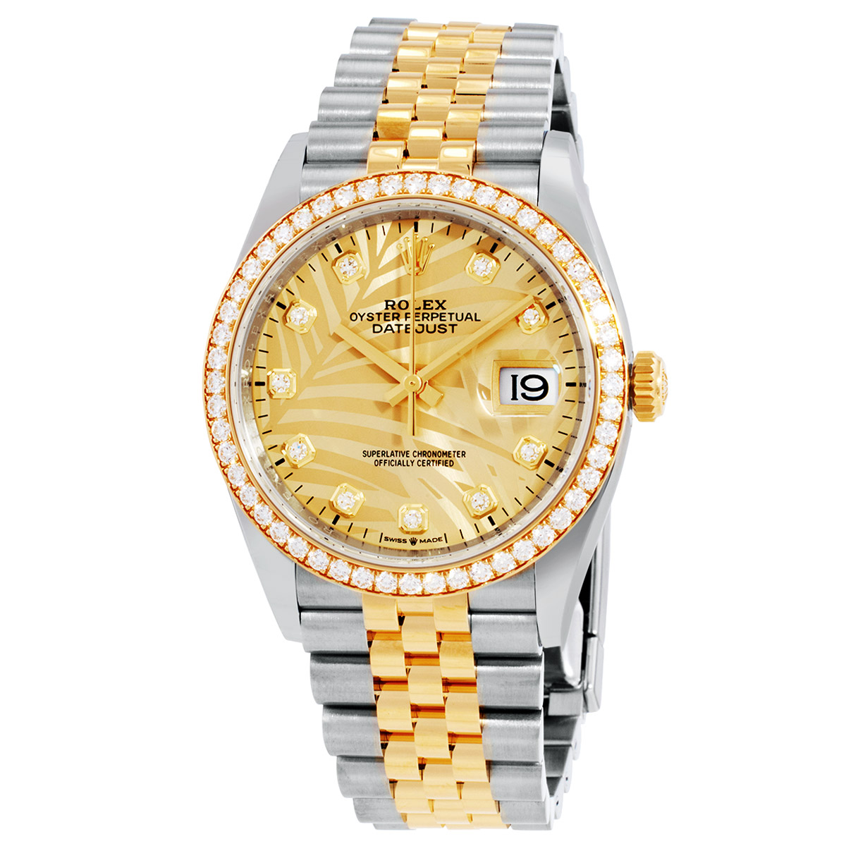 Datejust 36 Golden Palm-Motif Diamond Dial Automatic Steel and 18kt Yellow Gold Jubilee Watch M126283rbr-0029
