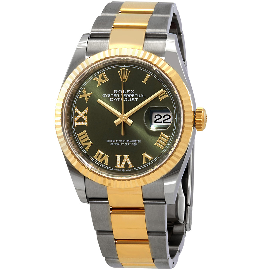 Datejust 36 Olive Green Diamond Dial Men's Stainless Steel and 18kt Yellow Gold Oyster Watch 126233GNRDO