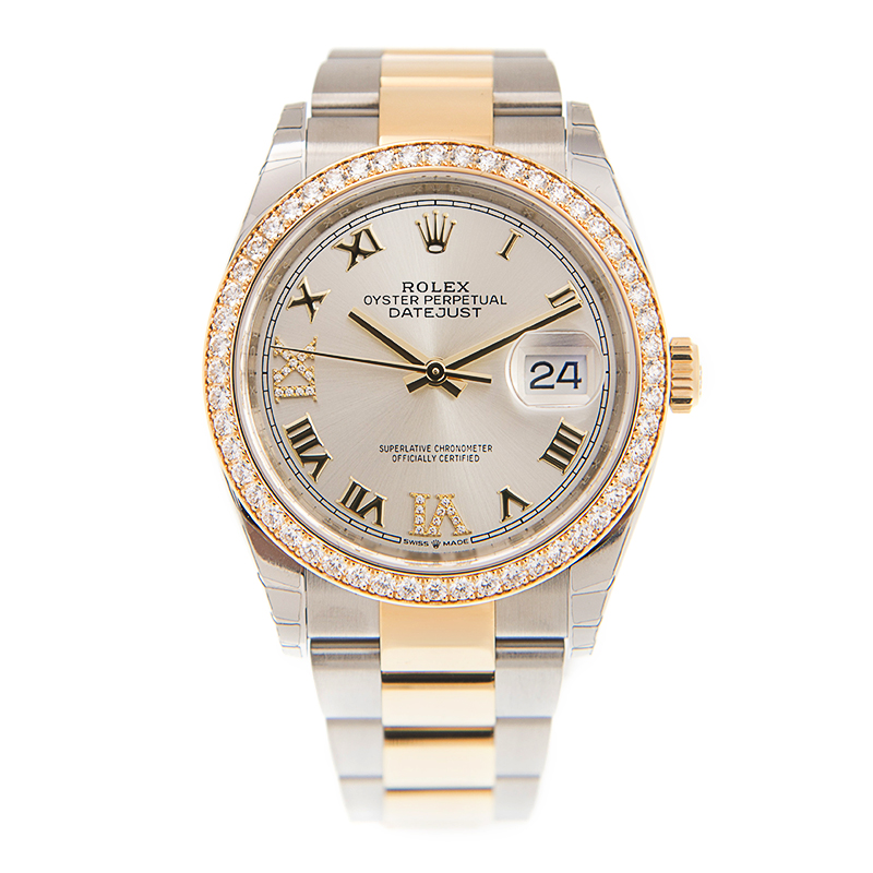 Datejust 36 Silver Diamond Dial Men's Steel and 18kt Yellow Gold Oyster Watch