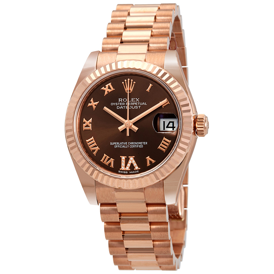Datejust Chocolate Dial Automatic Ladies 18kt Everose Gold President Watch