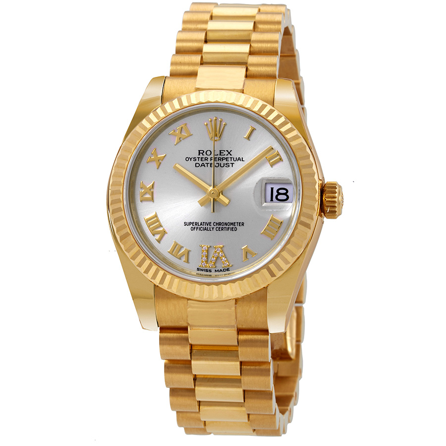 Datejust Silver Diamond Dial Automatic Ladies 18kt Yellow Gold President Watch
