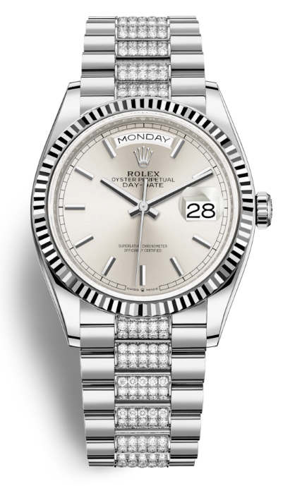 Day-Date 36 Silver Dial 18kt White Gold Diamond-Set President Watch