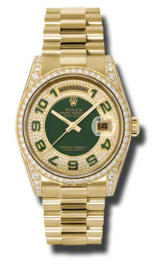 Day-Date Pave Green Automatic 18kt Yellow Gold Ladies Watch