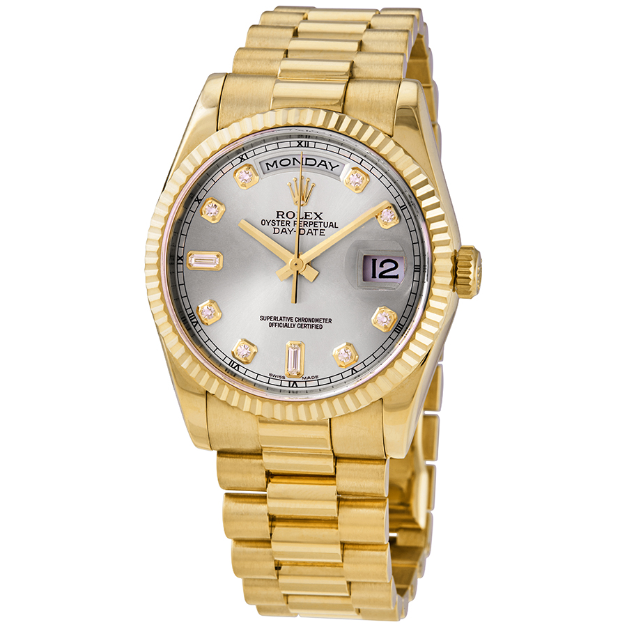Day-Date Silver Dial 18K Yellow Gold President Automatic Men's Watch