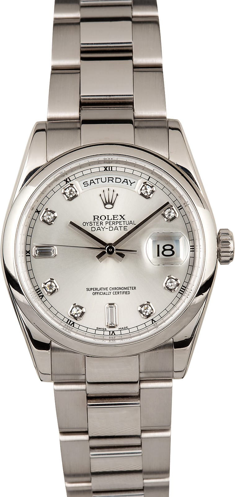 Rolex Day-Date Silver With Diamonds Dial 18K White Gold Oyster Bracelet Automatic Men's Watch 118209SDO