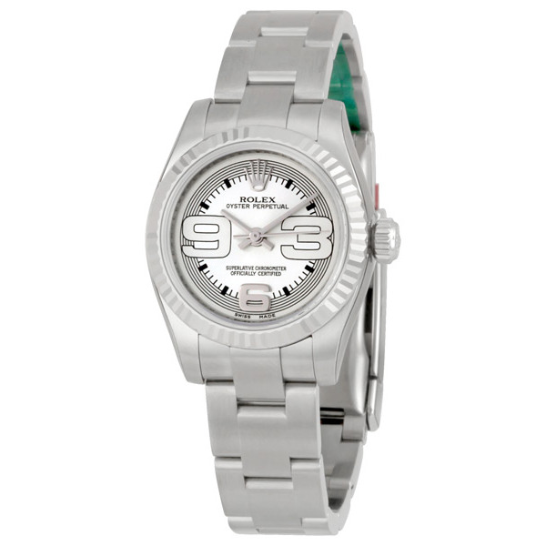 Rolex Lady Oyster Perpetual Silver Maxi Dial Fluted 18k White Gold Bezel Ladies Watch 176234SMAXI
