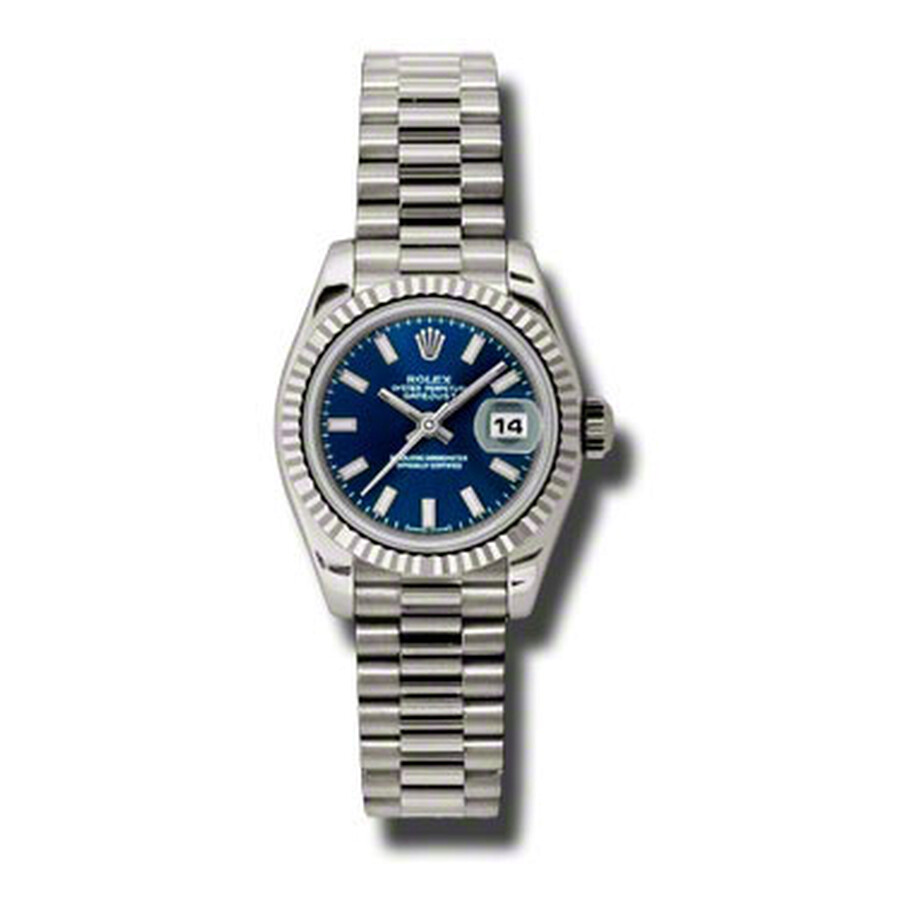 Shop Rolex Lady-datejust 26 Blue Dial 18k White Gold President Automatic Ladies Watch 179179blsp In Blue / Gold / White