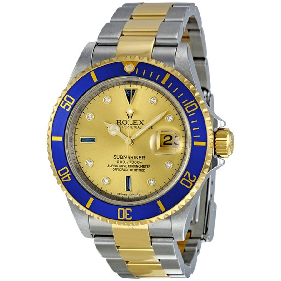 Rolex Submariner Champagne Diamond and Sapphire Dial 18k Yellow Gold Men\u0027s Watch 16613CDO