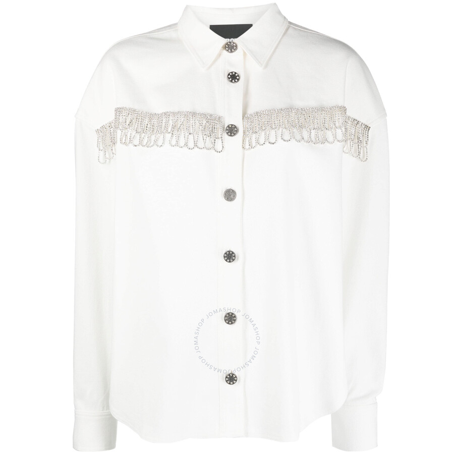 Rotate Birger Christensen Crystal-embellished Fringed Cotton Shirt In White