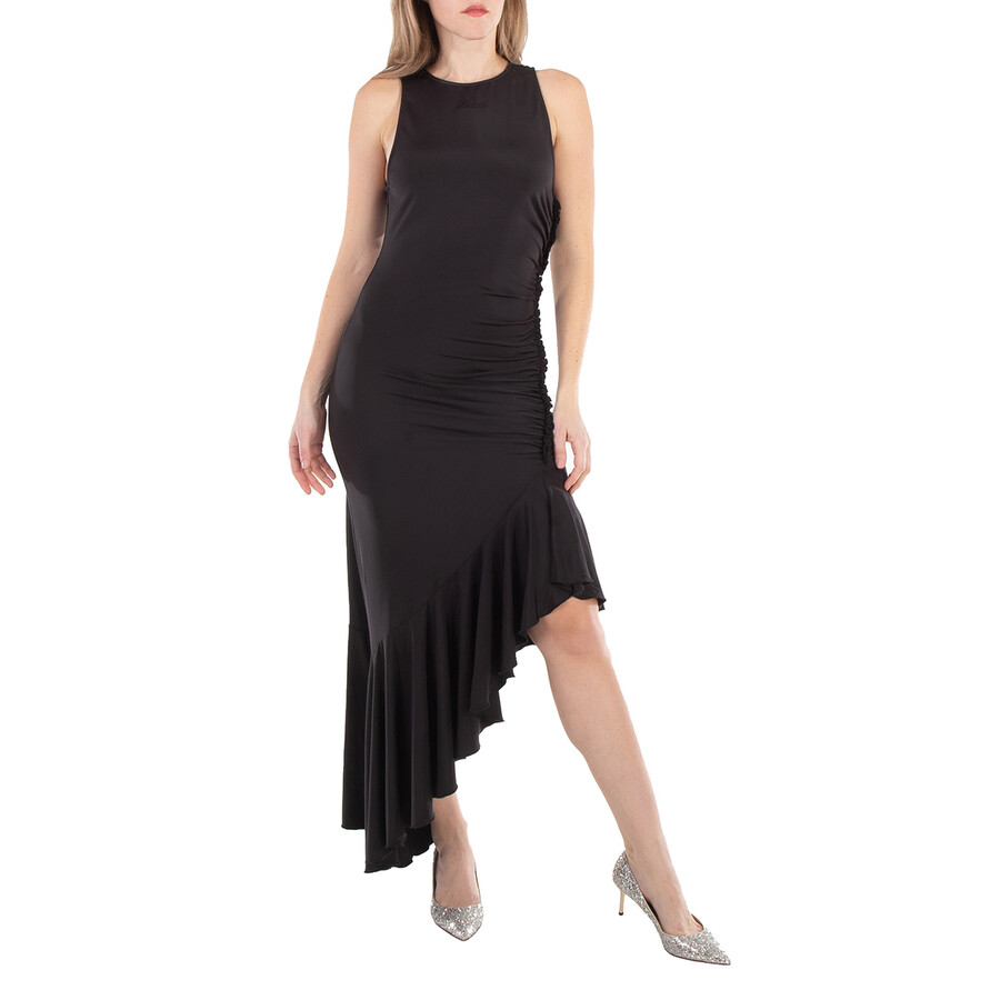 Ladies Black Gathered Asymmetric Midi Dress