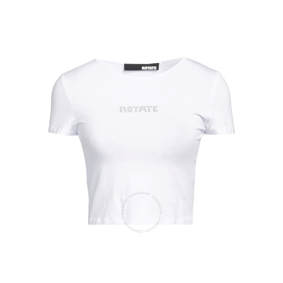 Rotate Birger Christensen Rotate Ladies Bright White Logo Applique Cropped T-shirt In White