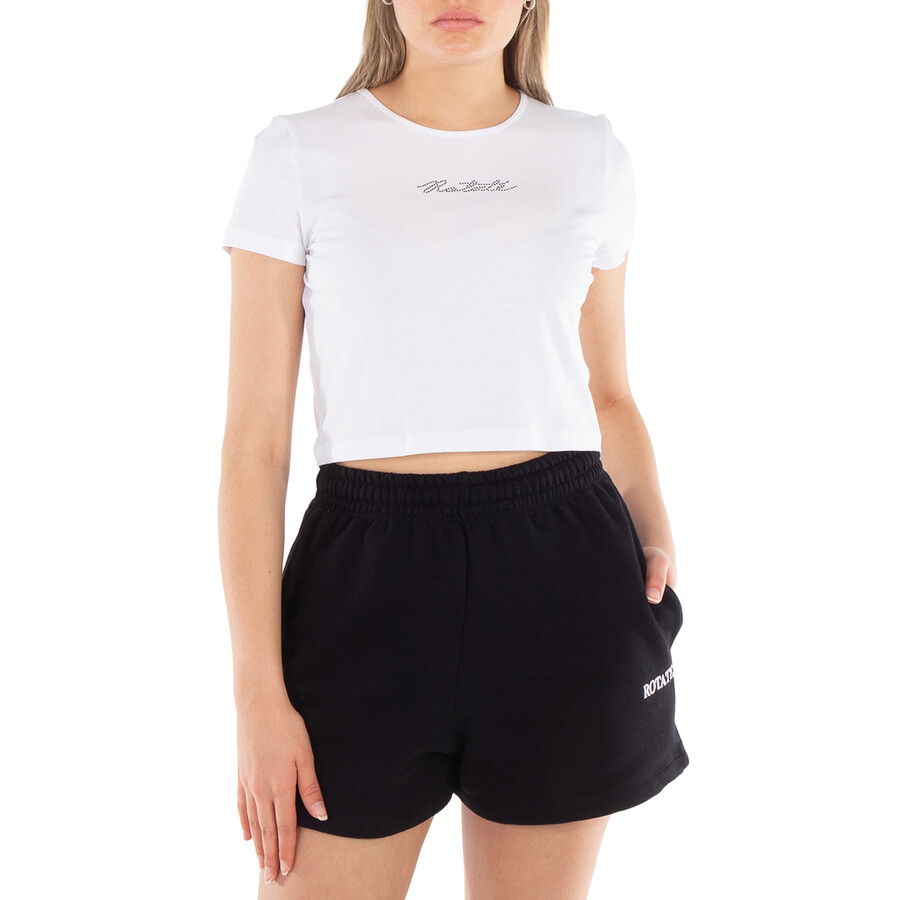 Ladies Bright White Logo Applique Cropped T-Shirt