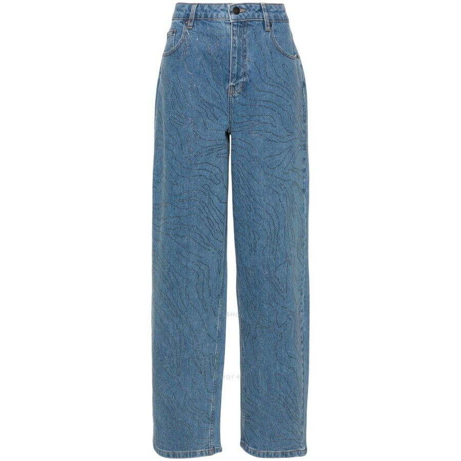 Rotate Birger Christensen Rotate Ladies Light Blue Denim Rhinestone Wide Leg Jeans In Blue